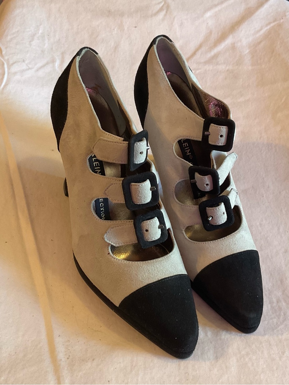 Anne Klein Vintage Grey & Black Cap-Toe Triple Buckle Heeled Booties
